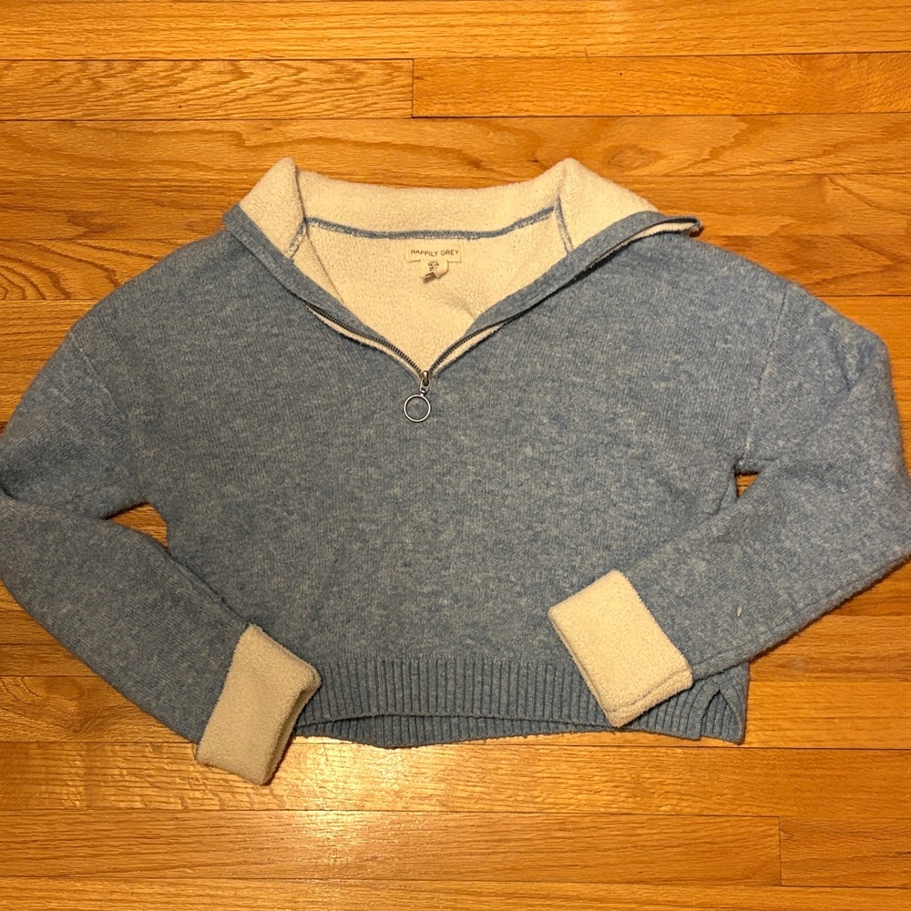 Cozy Light Blue Crop Half-Zip Pullover Sweater